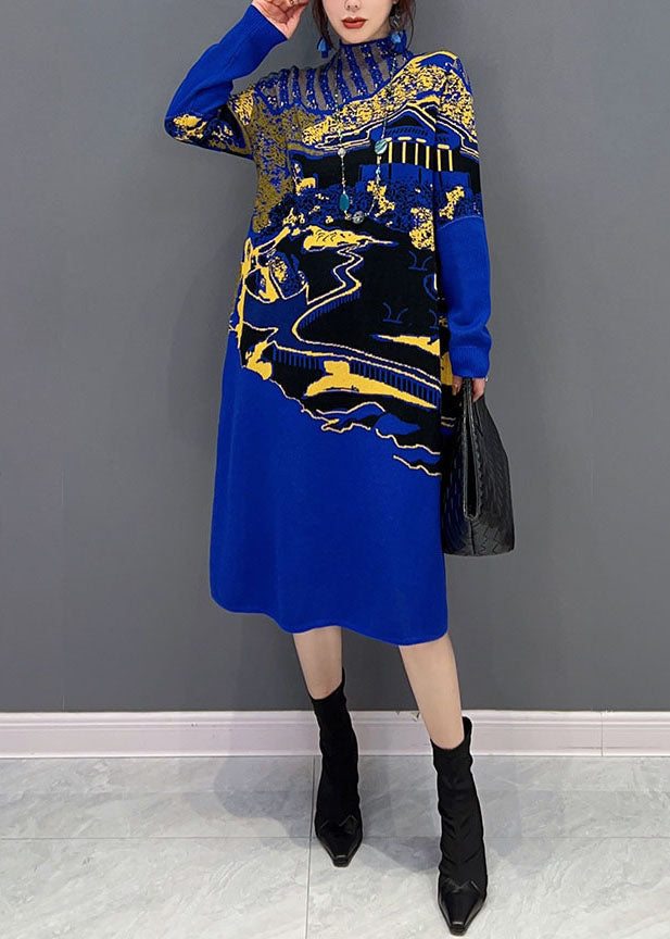 Landscape Graphic Print Mesh Insert Mock Neck Long Sleeve Knit Midi Dress