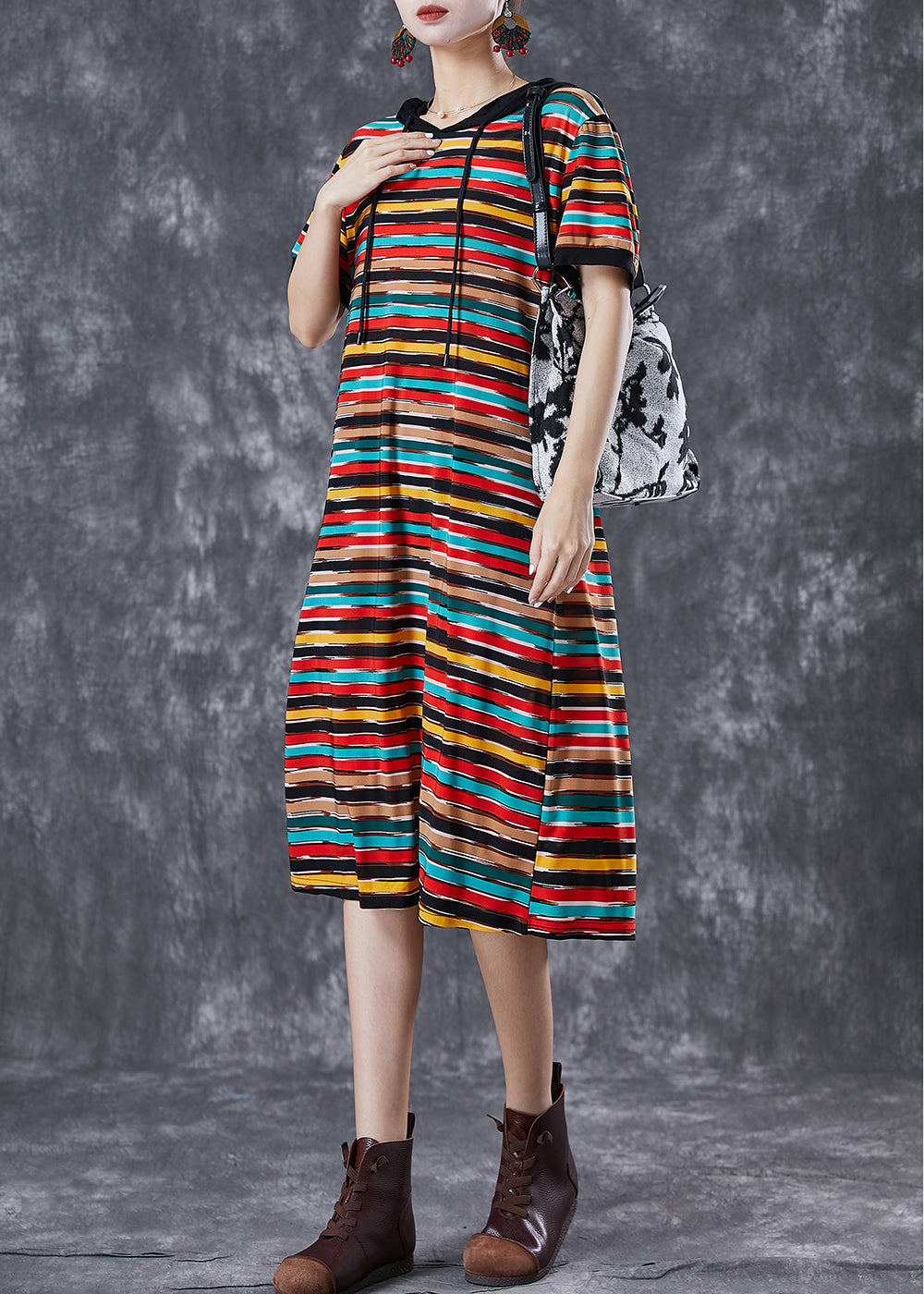 Hooded Short Sleeve Brushstroke Stripe Print Shift Dress