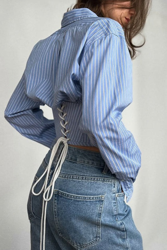 Striped Button Down Collar Long Sleeve Corset Waist Cropped Shirt 3