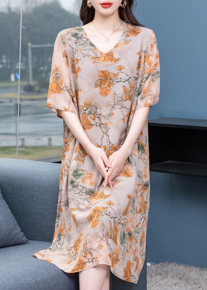Floral Print V-Neck Elbow Sleeve Loose Shift Midi Dress