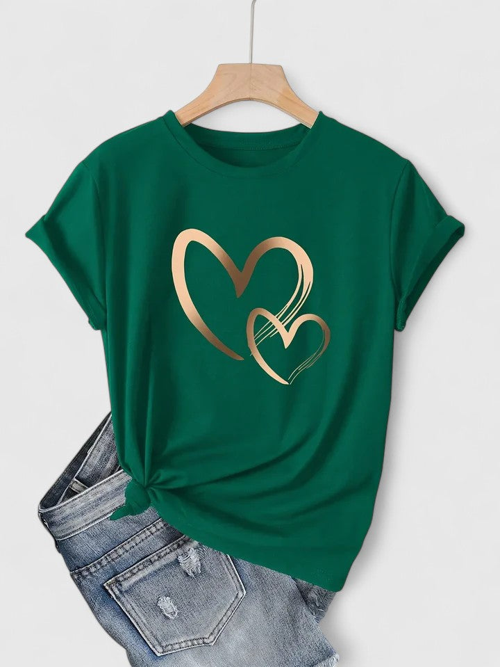 Heart Print Crew Neck Short Sleeve T-Shirt