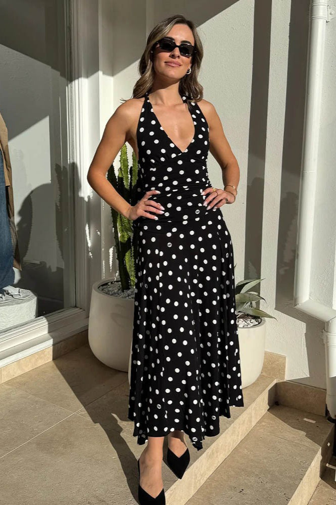 Polka Edition Dot Halter VNeck Ruched Maxi Dress