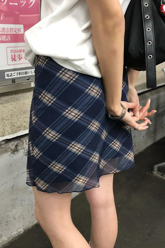 Sheer Mesh Panel Plaid Pencil Skirt