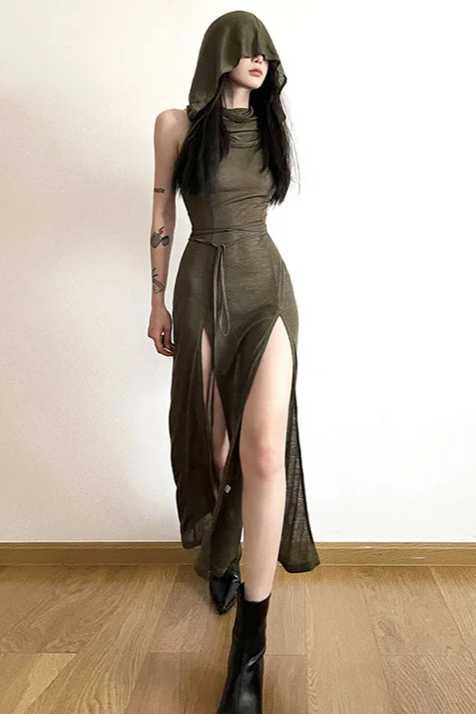 Hooded Hollow Out Midi Dress