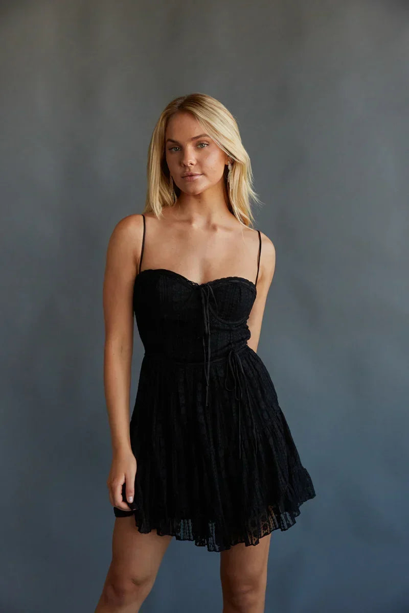 Lace Sweetheart Bustier Tie Front Babydoll Mini Dress