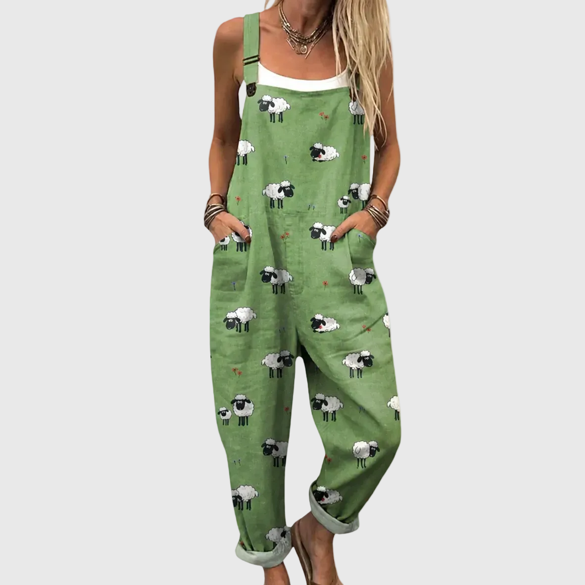 Sheep Print Adjustable Strap Pocket Overall Jumpsuit