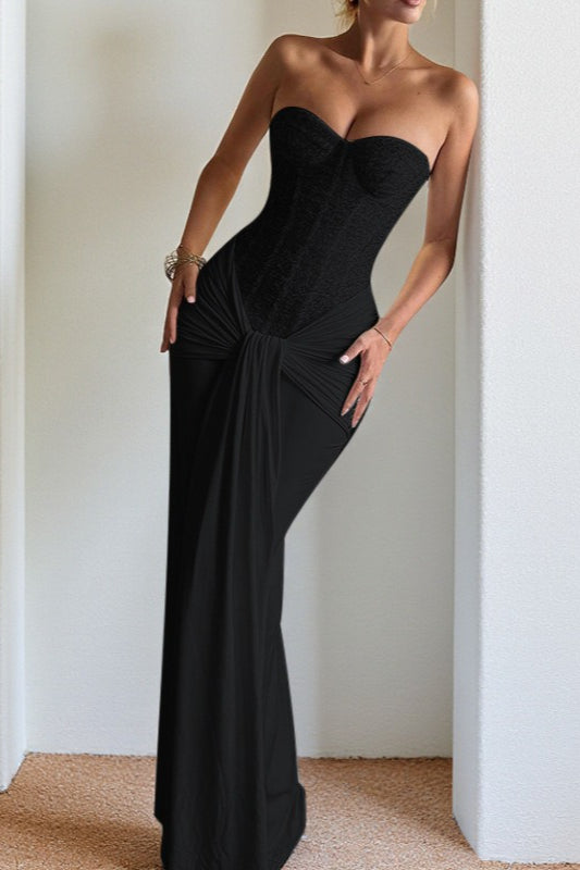 Sequin Strapless Corset Ruched High Split Mermaid Maxi Dress