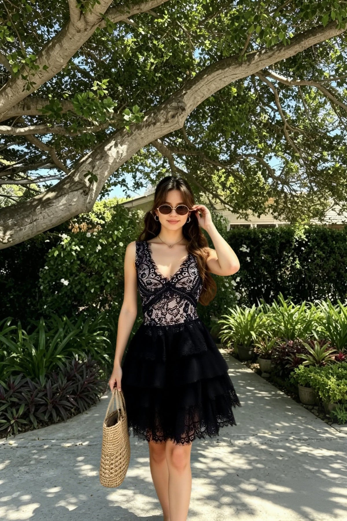 Lace V-Neck Cap Sleeve Bow Waist Tulle Mini Dress 4