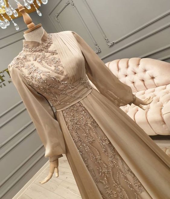 Long Tulle Appliques Full Sleeve Muslim Champagne Prom Dress High Neck Saudi Arabic A Line Evening Formal Party Gowns fg1480
