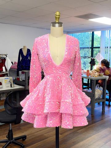 Cute pink short prom dress sequin homecoming dress