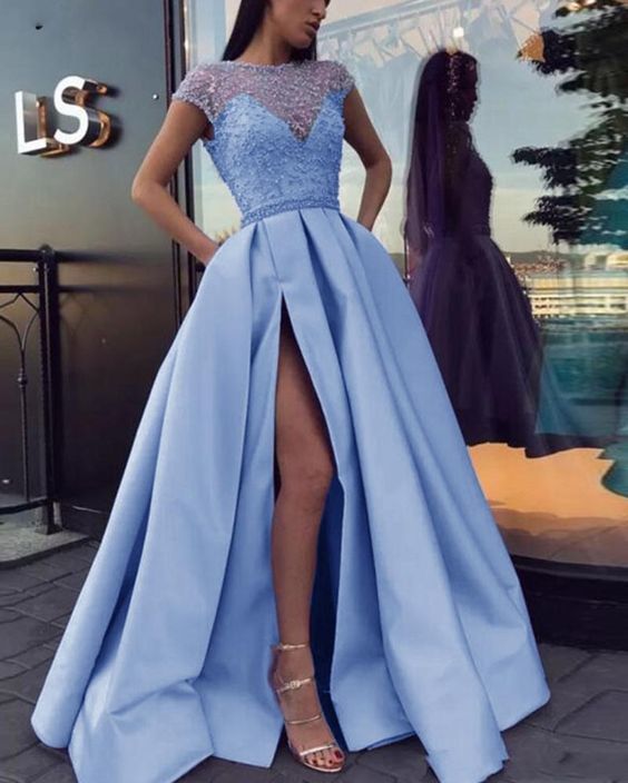 Cap Sleeves Beading A Line Satin Slit Blue Long Prom Evening Dresses