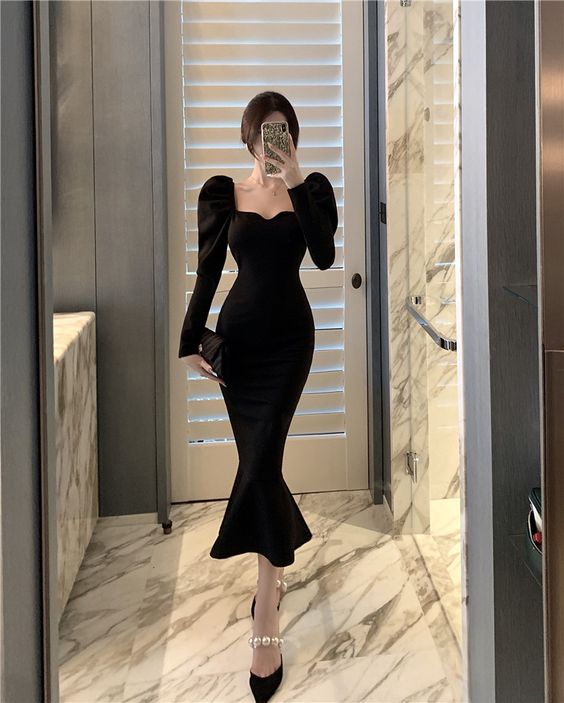 Black Long Dress Women Korean One Piece Vintage Gothic Evening Party Dress fg2081