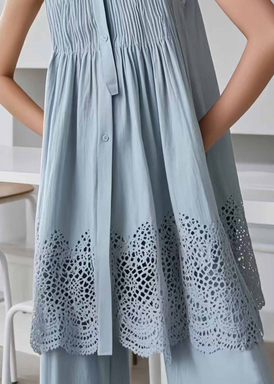 Collar Button Down Pintuck Pleated Babydoll Eyelet Hem Sleeveless Mini Dress
