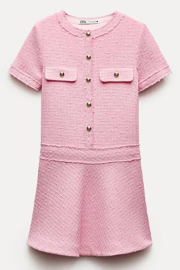 Textured Boucle Gold Button Short Sleeve A-Line Mini Dress