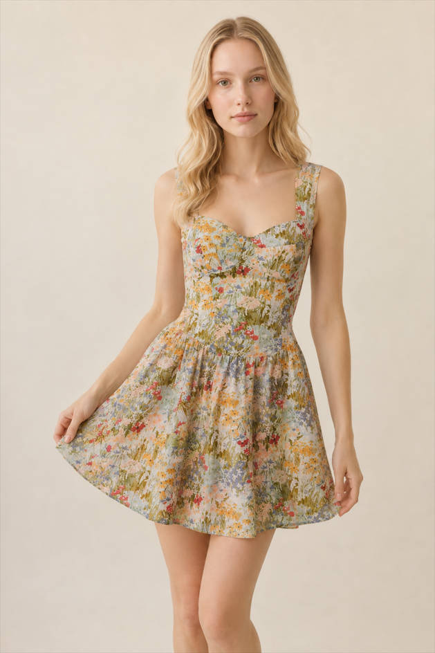 Deep V-Neck Floral Dress