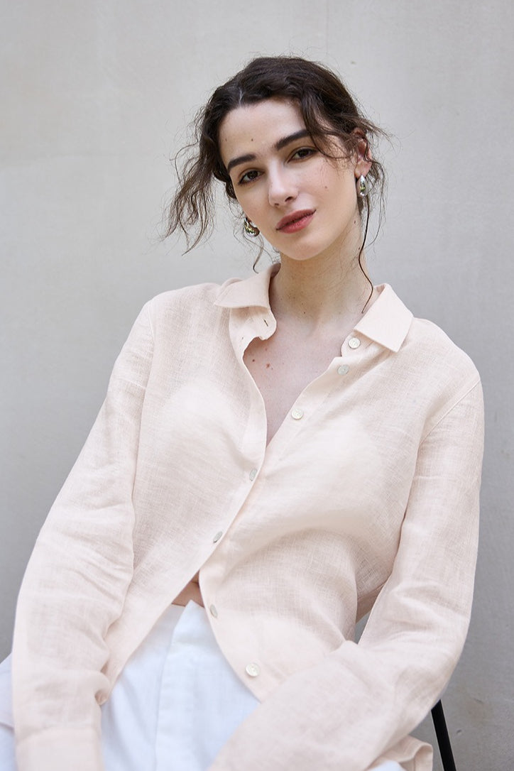 Semi Sheer Linen Look Collared Long Sleeve Slim Button Front Shirt 4