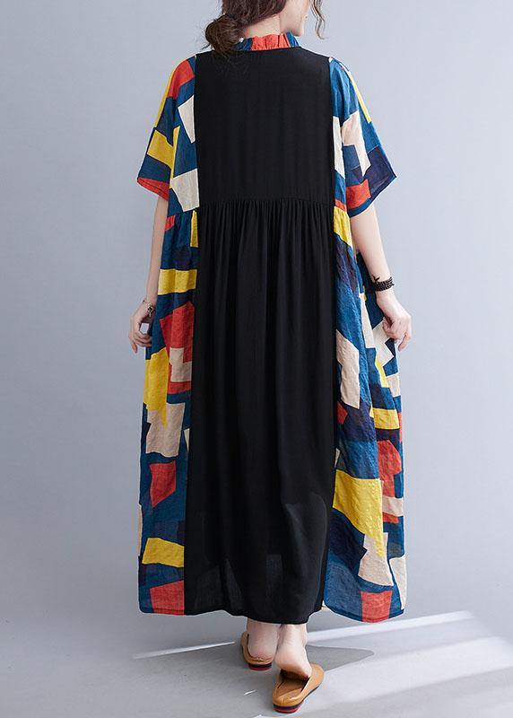 Colorblock Patchwork Ruffle Collar Button Front Empire Waist Maxi Dress