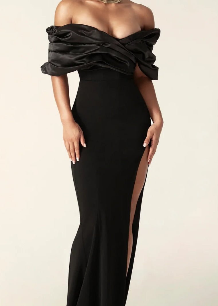 Satin Off Shoulder Sweetheart Ruffle Bodice High Split Column Maxi Gown