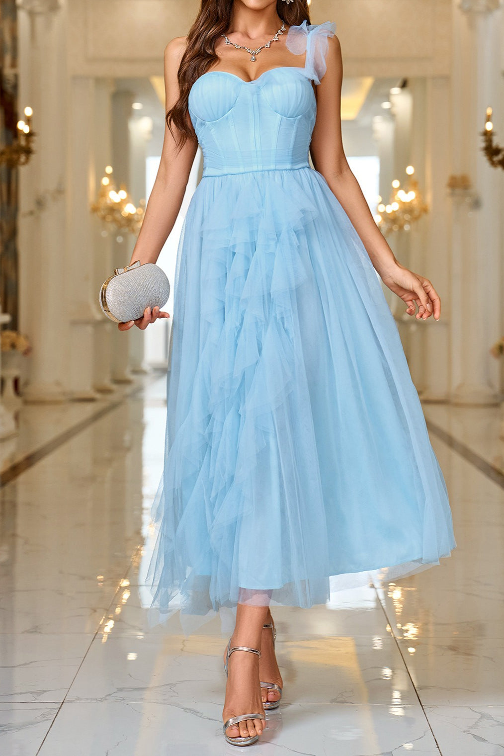 Corset Bustier One Shoulder Sweetheart Tulle Tiered Ruffle Cocktail Midi Dress