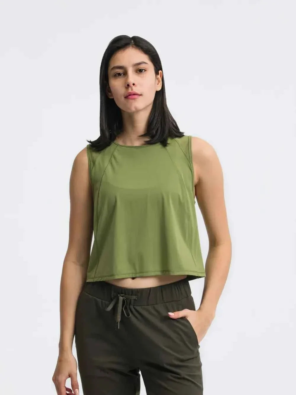 Round Neck Sleeveless Seam Detail Cropped Active Tank Top 17