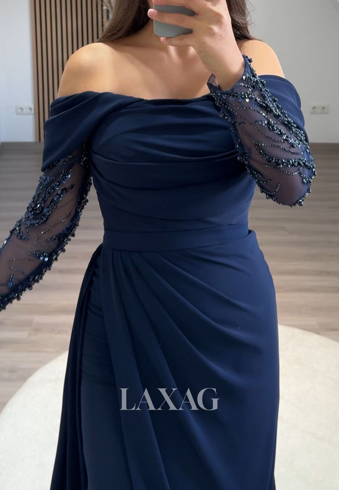 Tube Top Long Sleeves Satin Formal Gowns Off-Shoulder Beaded Pleated Mermaid Prom Dress
