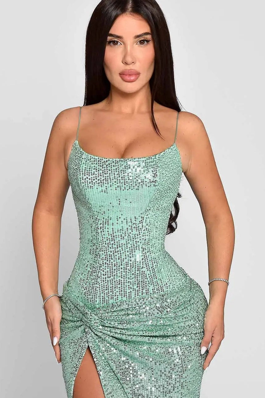 Spaghetti Strap Slit Sequin Formal Dress