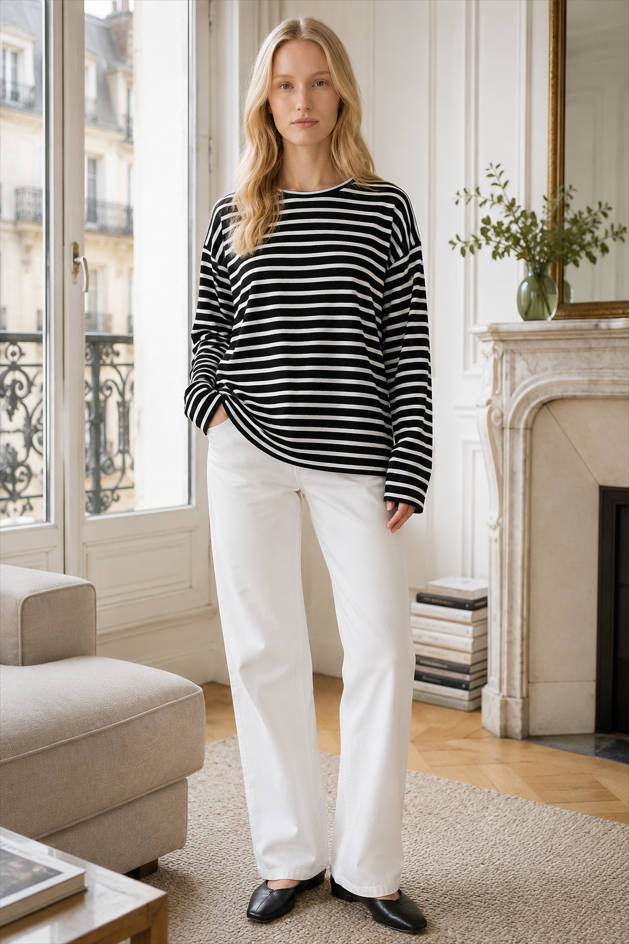 Striped Crew Neck Long Sleeve Oversized T-Shirt 2