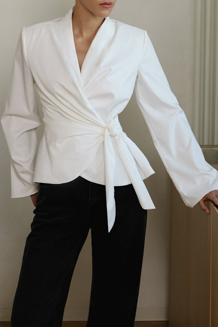 V-Neck Wrap Front Side Tie Long Sleeve Blouse 2