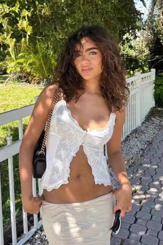 Lace Trim Satin Panel Button Cami Top