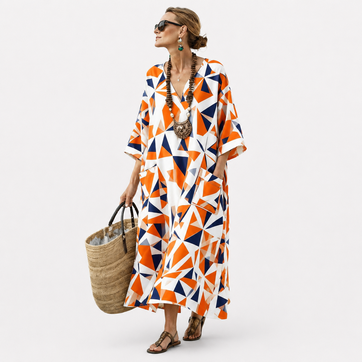 Geometric Print V-Neck Kaftan Maxi Dress