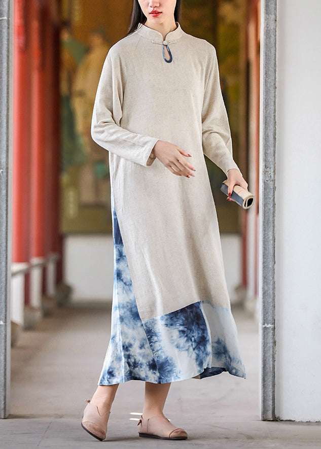 Tie Dye Mandarin Collar Paneled Long Sleeve Midi Dress