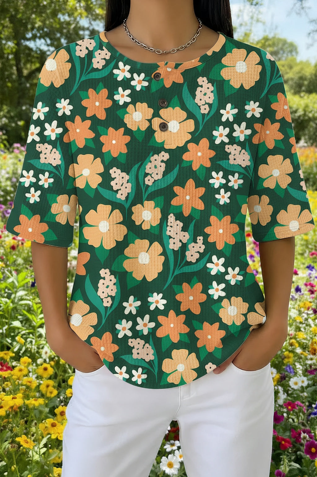 Retro Daisy Floral Waffle Knit Henley Short Sleeve Top