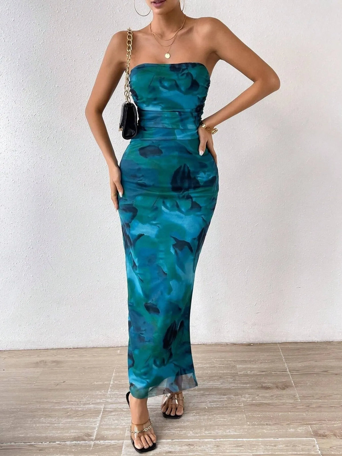 Abstract Print Strapless Ruched Bodycon Maxi Tube Dress 5