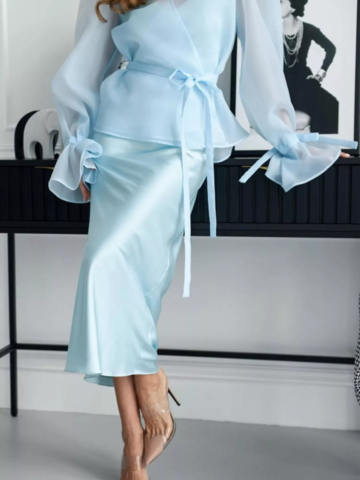 Tie Waist Flounce Sleeve Wrap Blouse and Satin Midi Skirt Two Piece Set 8