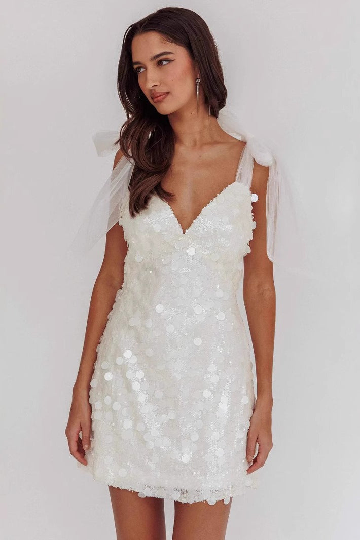 Sequin Deep V-Neck Tulle Bow Strap Bodycon Mini Party Dress
