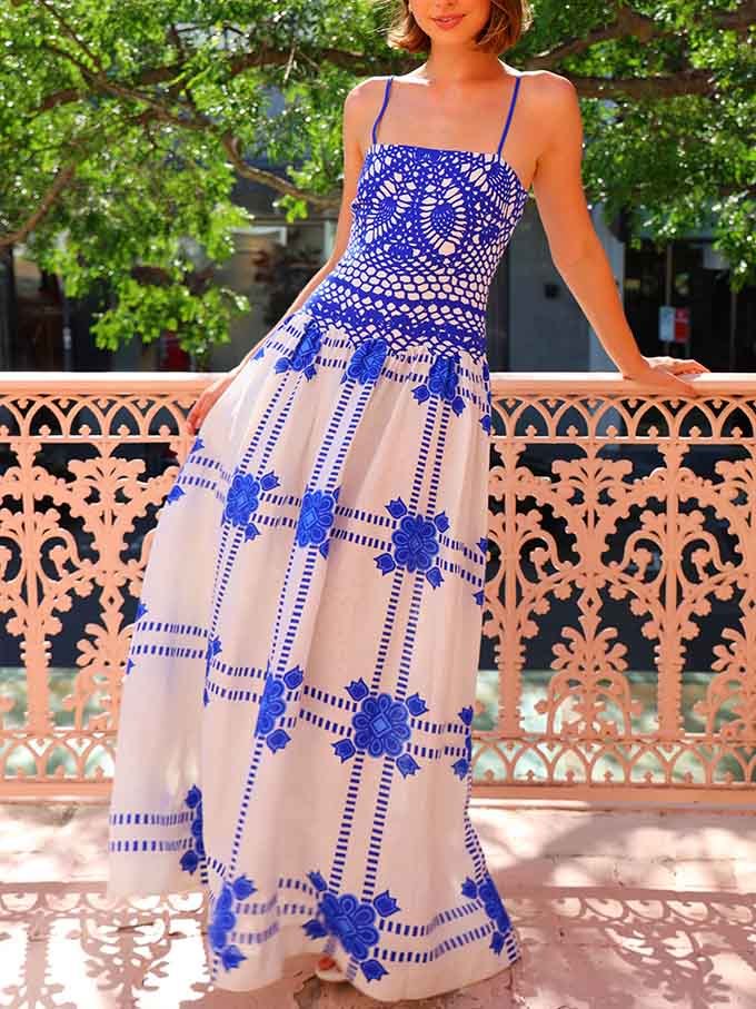 Floral Crochet Spaghetti Strap Square Neck A-Line Maxi Dress