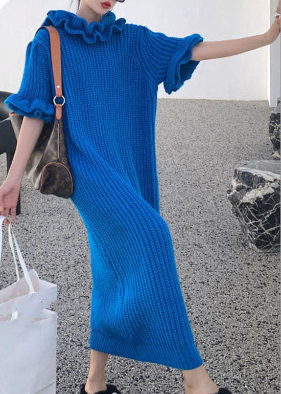 Rib Knit Ruffle Mock Neck Puff Sleeve Oversized Shift Maxi Dress