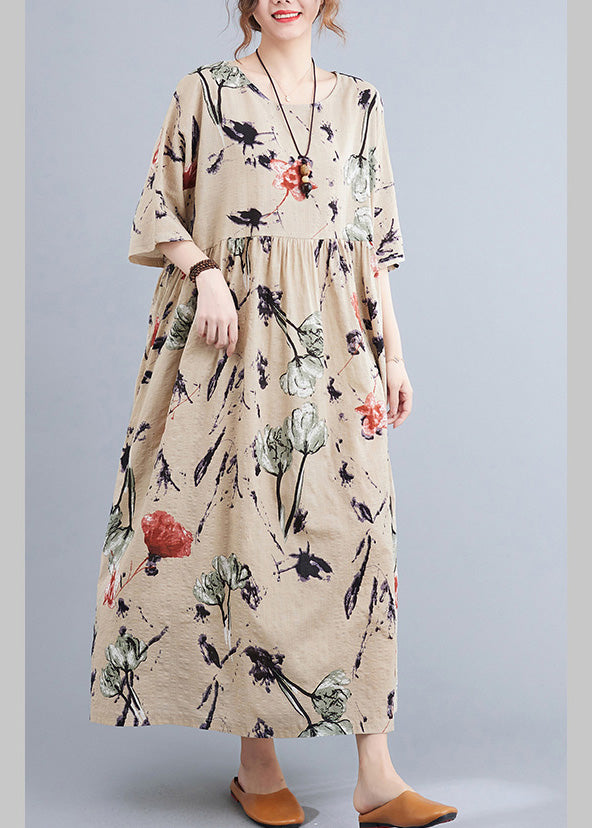 Floral Print Round Neck Elbow Sleeve Empire Waist Oversized Maxi Dress