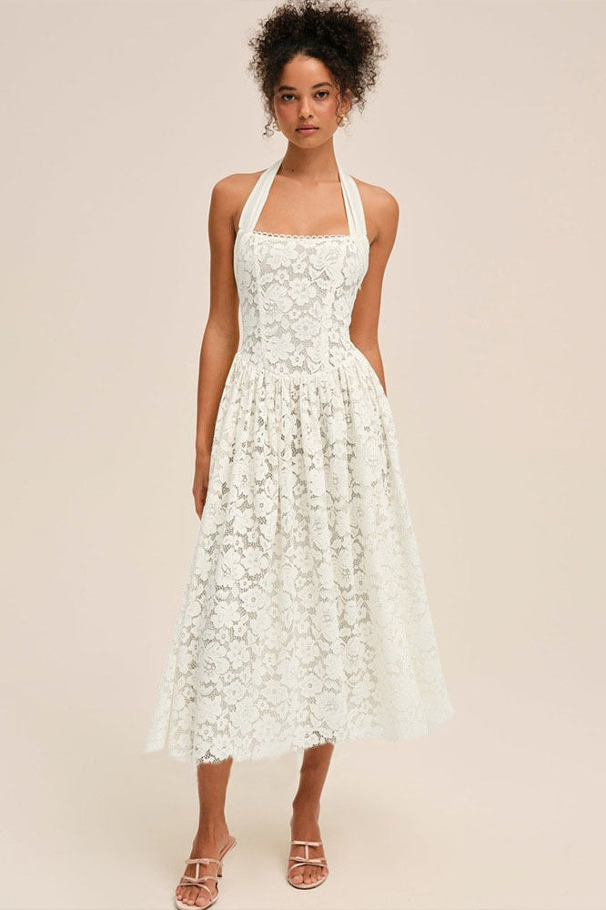 Halter Bandeau Backless Waist Cinched Solid Lace Dress