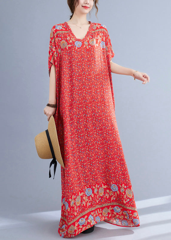 Floral Border Print V-Neck Drop Shoulder Short Sleeve Loose Maxi Dress