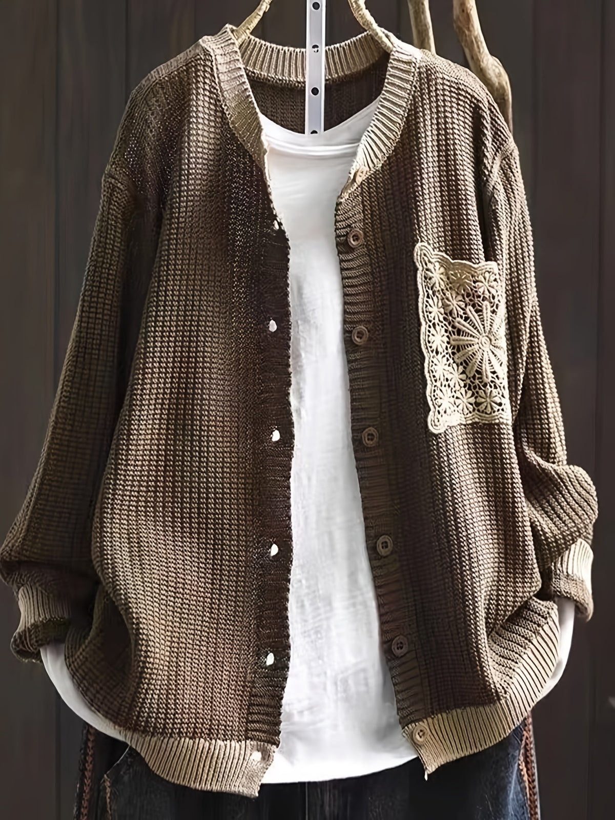 Round Neck Button Front Crochet Pocket Chunky Knit Cardigan