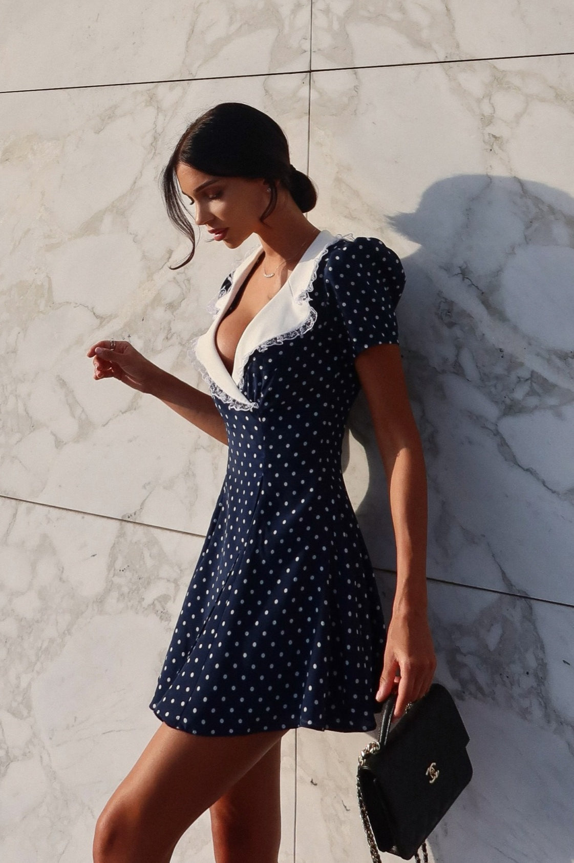 Vintage Lace Trim Polka Dot V-Neck Fitted Mini Dress - View 2