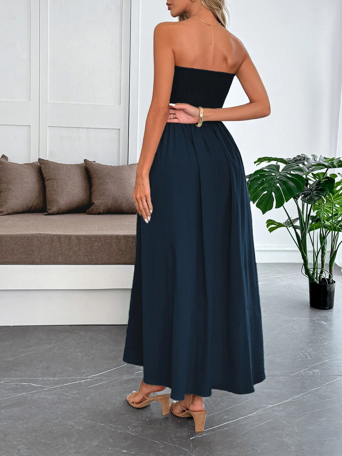 Strapless Smocked Bodice A-Line Tube Maxi Dress 2