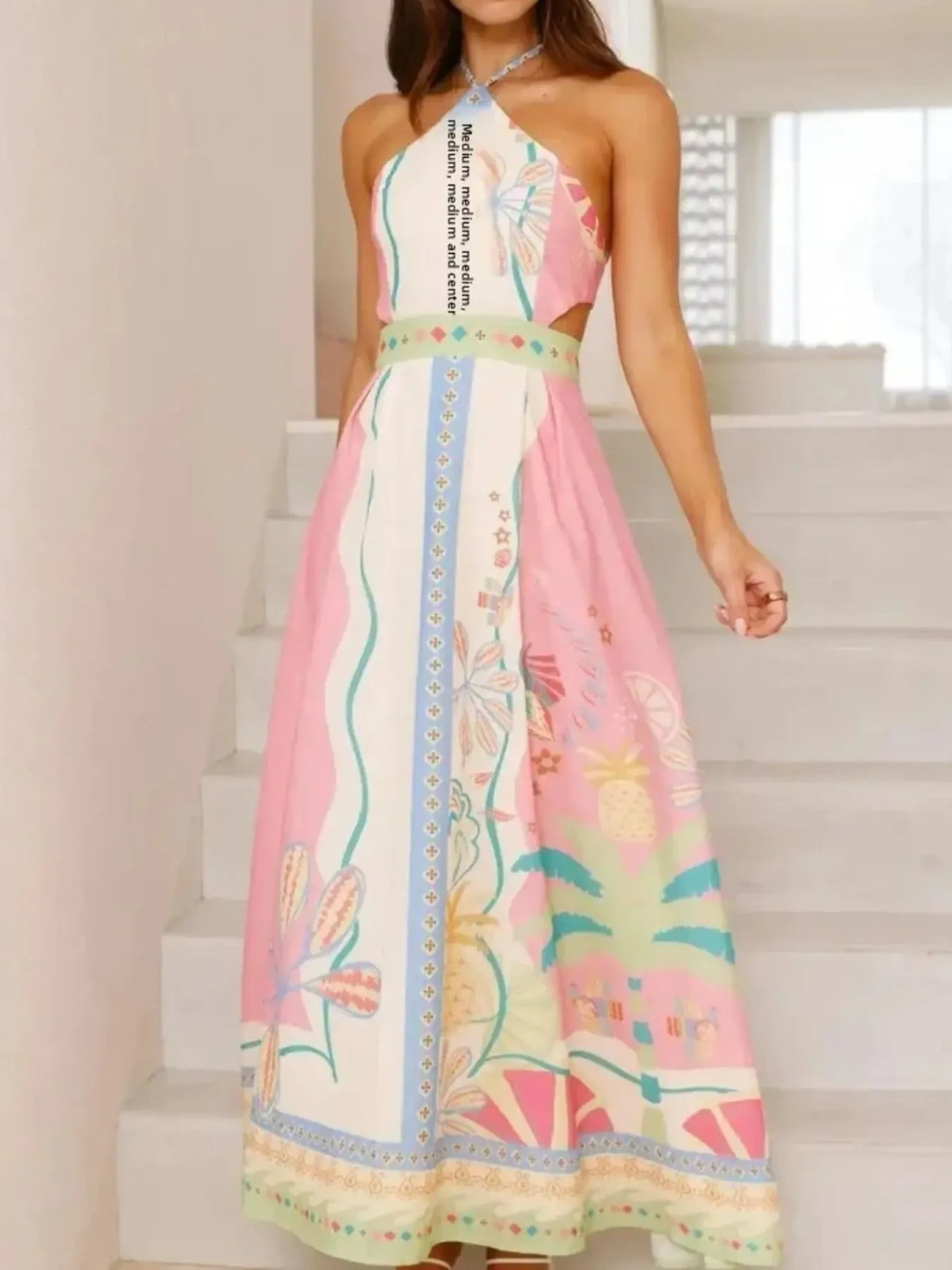 Tropical Print Halter Neck Side Cut Out A-Line Maxi Dress 4