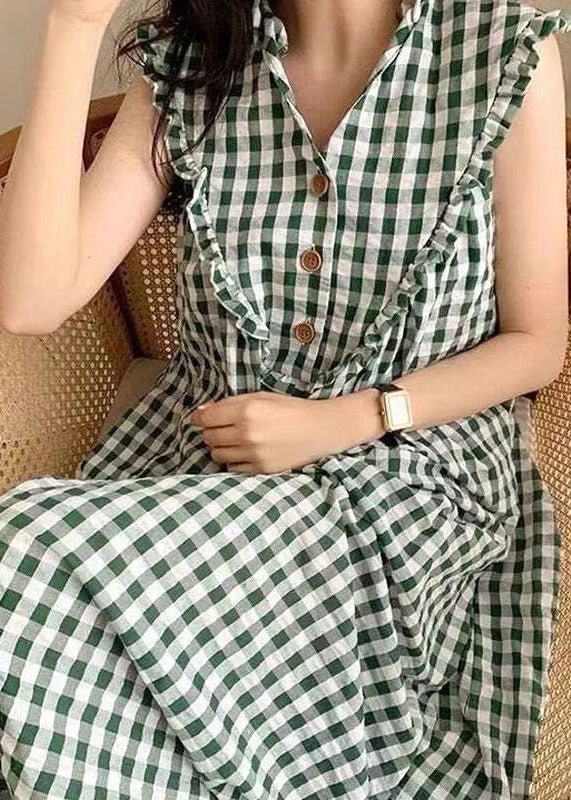 Gingham Check V-Neck Ruffle Collar Button Front Sleeveless Dress