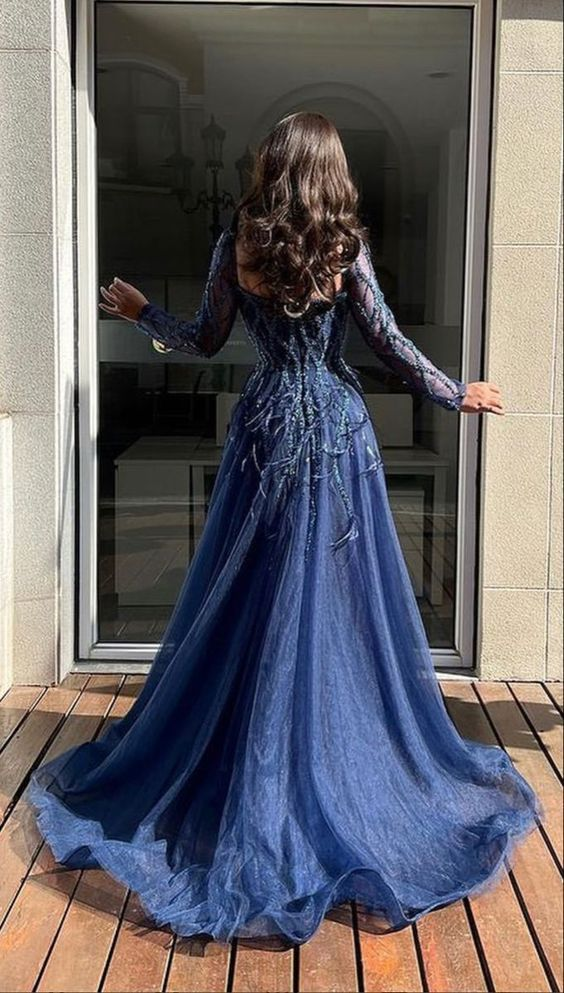 Luxurious Blue Slit Long Party Dress Evening Dress With Feathers cc1731