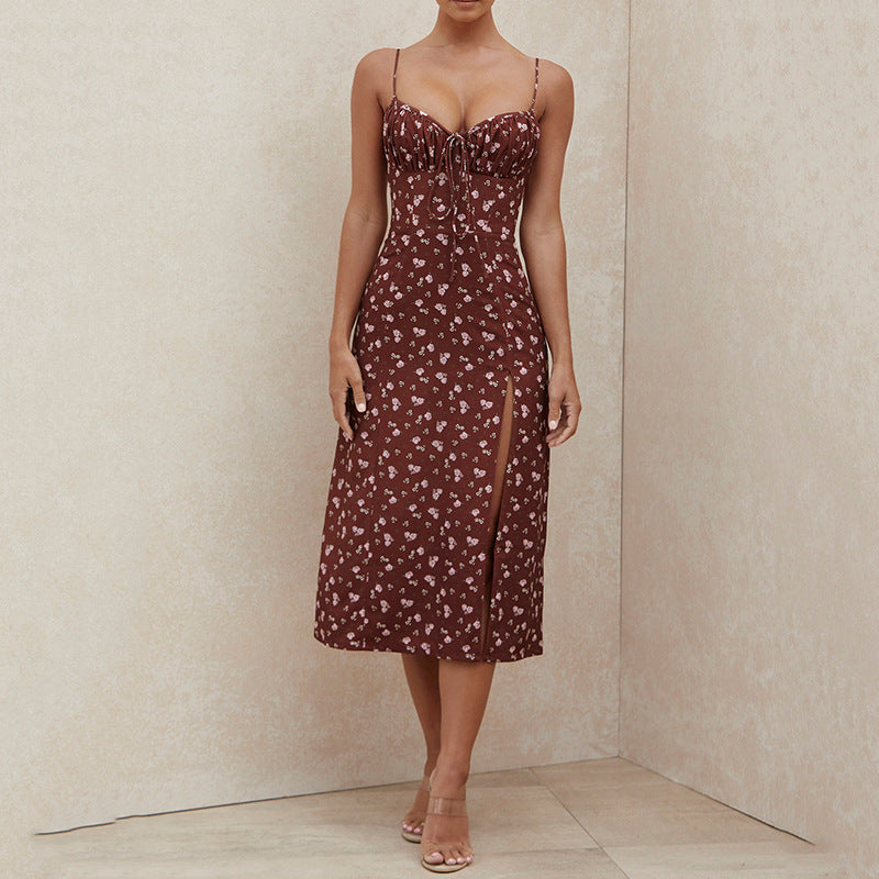 Floral Spaghetti Strap Sweetheart High Split Midi Summer Dress