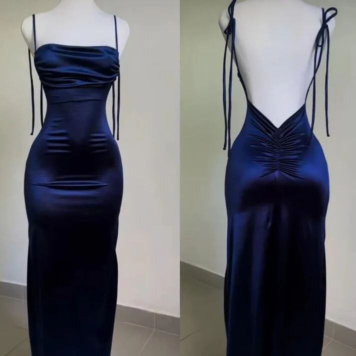 Spaghetti Straps Sheath Prom Dress Navy Blue Backless Party Evening Dress cc1466