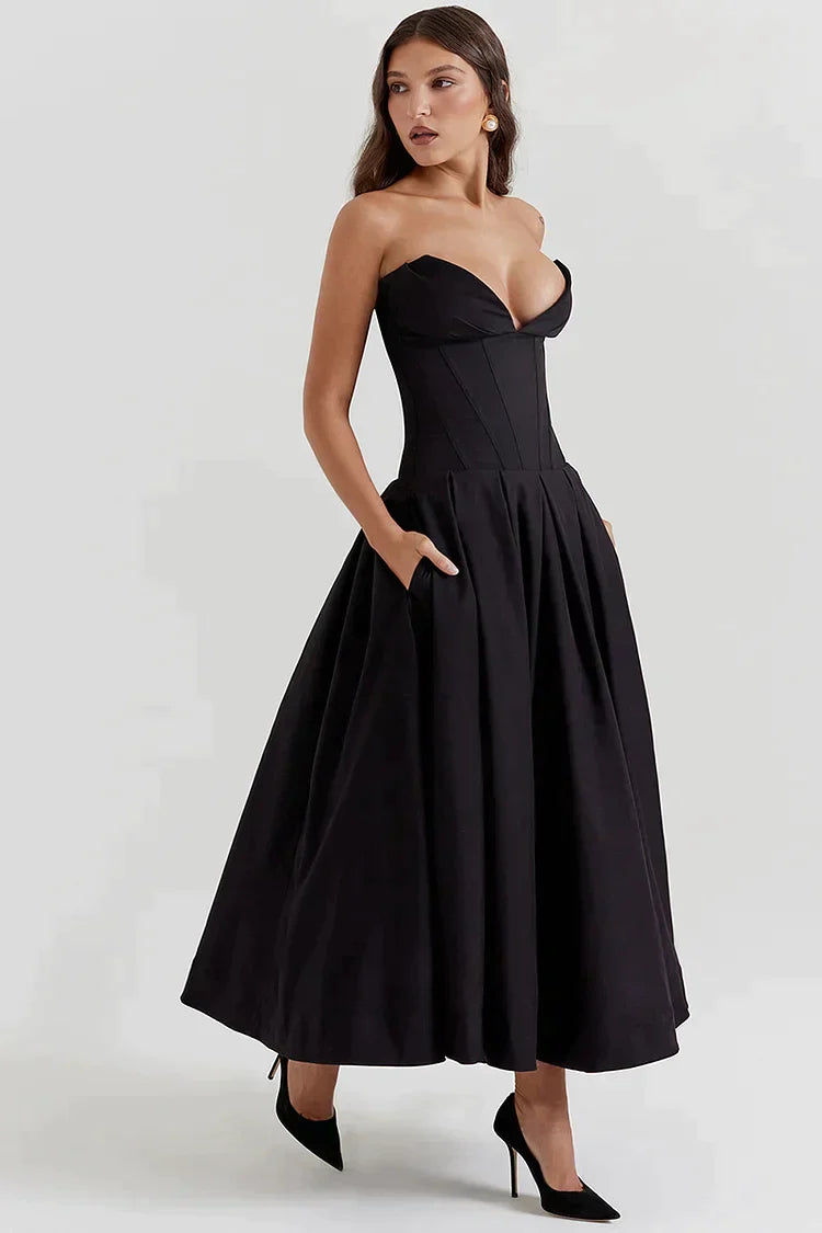 Satin Strapless Corset Pleated Pocket A-Line Midi Dress