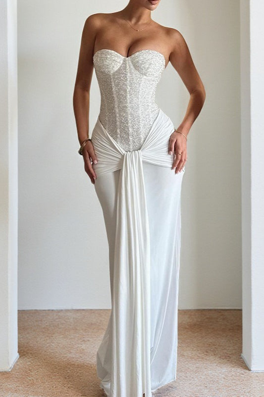 Sequin Strapless Corset Ruched High Split Mermaid Maxi Dress